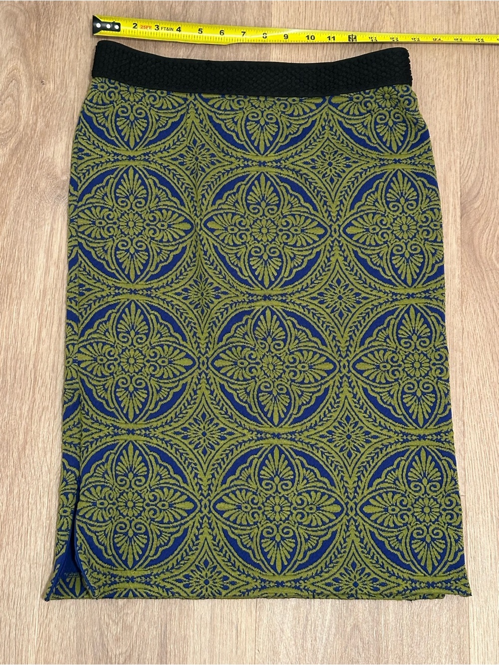 Anthropology Maeve Green/Blue Jacquard Pencil Skirt, Invisible Zipper Slits, M